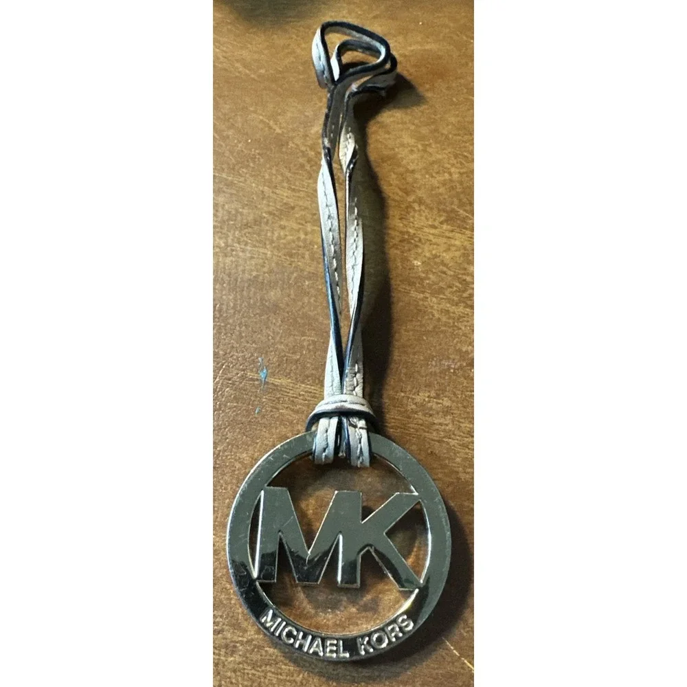 Michael Kors Beige-Blackleather and Gold Keychain/Key Fob
